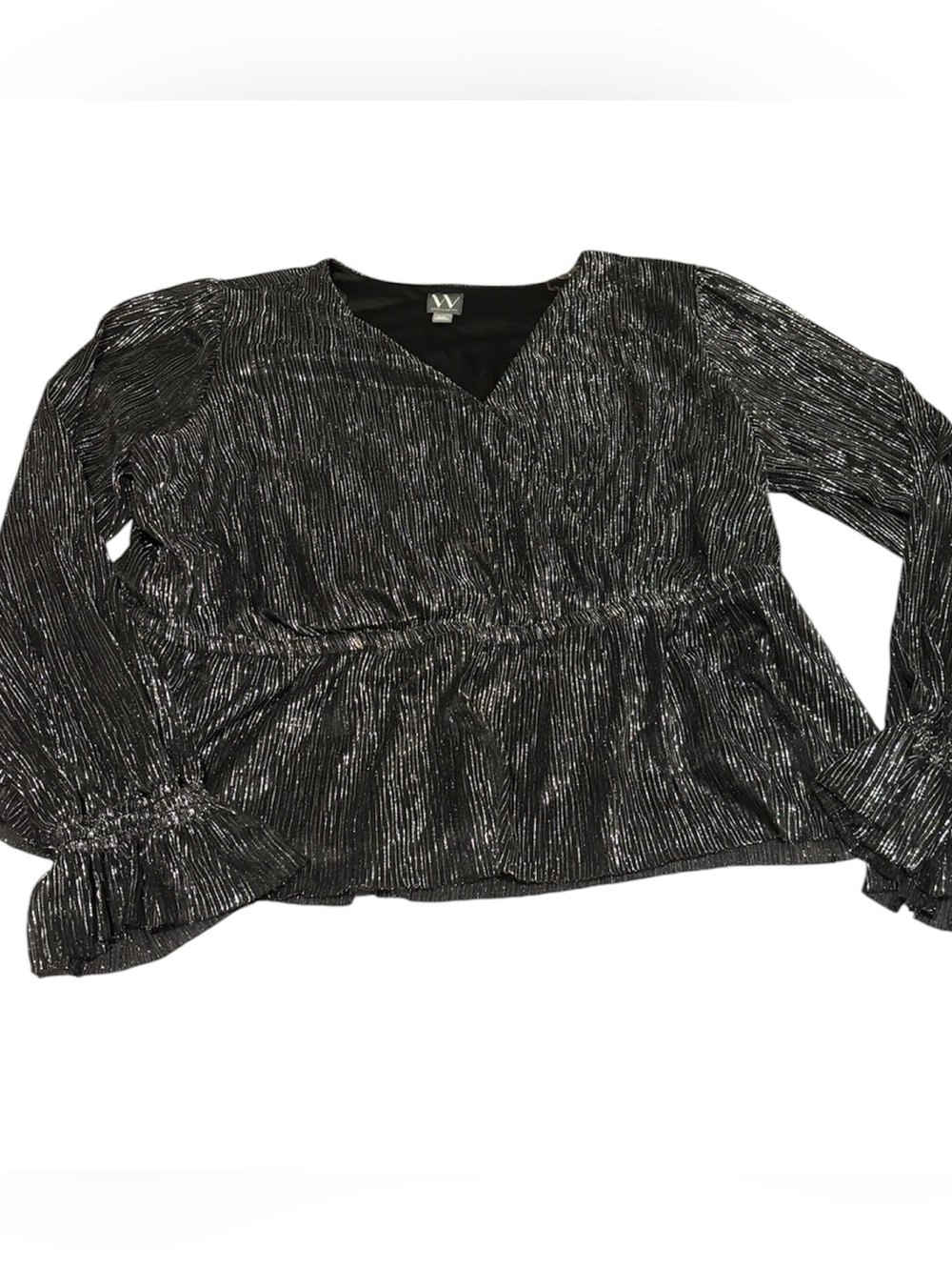 🟤🟤Wolven Metallic V-Neck Peplum Blouse - Black & Silver